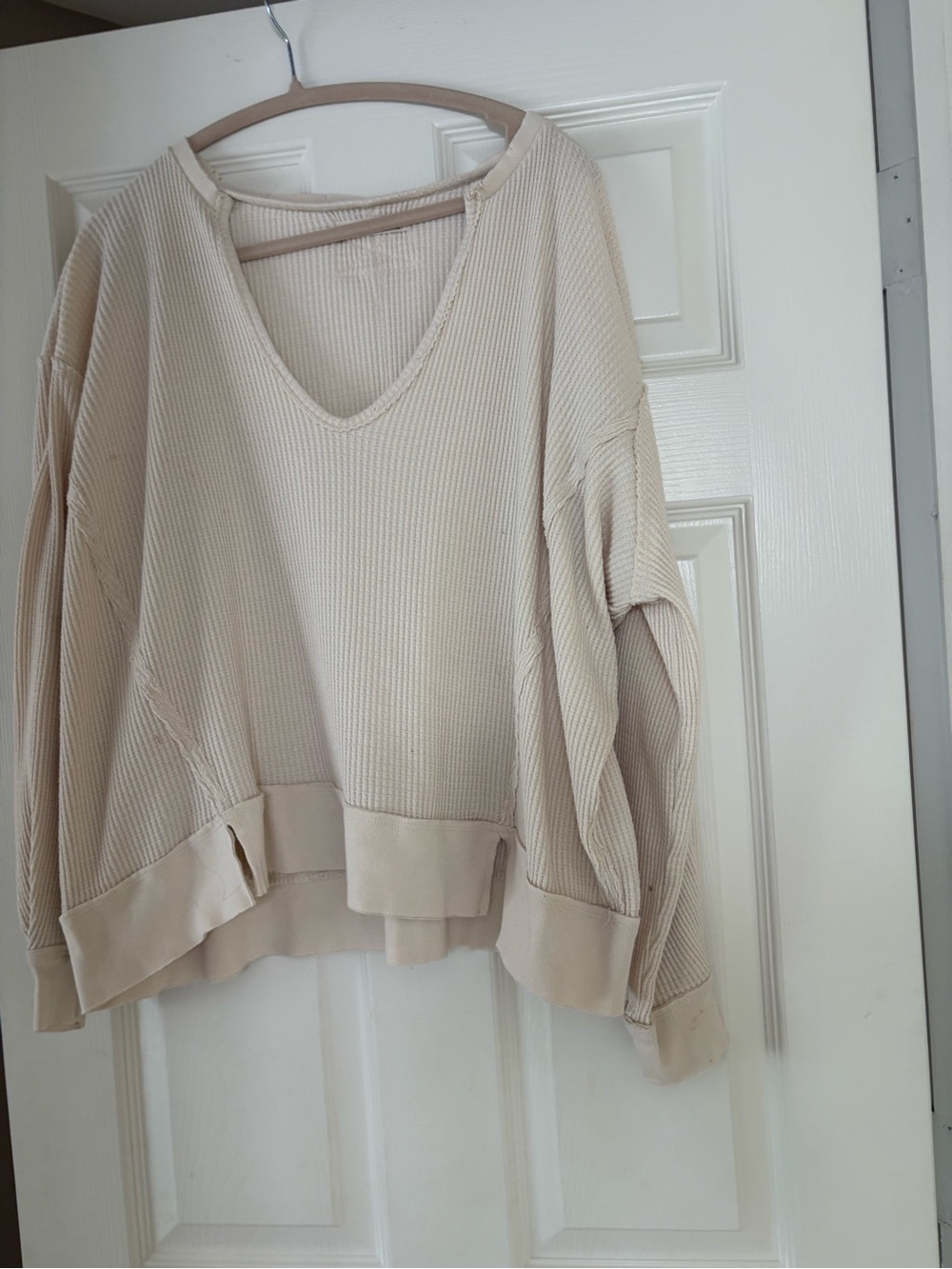 Free People Cream Waffle-Knit V-Neck Pullover